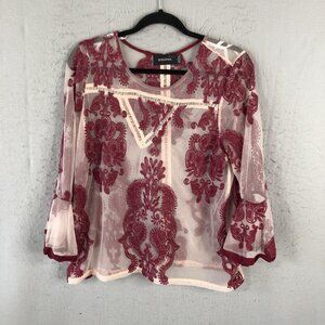 MINKPINK Sheer Mesh Embroidered Blouse Womens XS Lace Bell Fairy Feminine